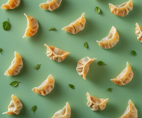 Fototapeta premium Delicious dumplings arranged on green background with herbs, perfect for Asian cuisine art