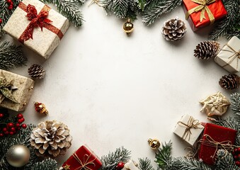 Christmas wreath and presents on white snow background