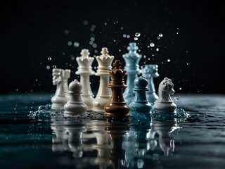 Chess pieces splashing in water.