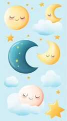 Cute stars and moons with sleepy faces drift among soft clouds on a calm blue sky
