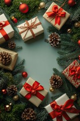 Christmas wreath with presents and pinecones on blank background