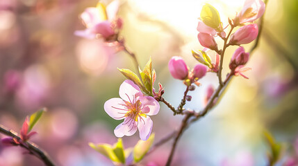 Obraz premium Beautiful pink flower blossom on a branch in sunlight, with vibrant garden bloom in spring