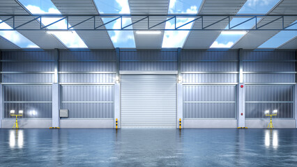 Interior of a bright hangar. industrial premises. 3d illustration