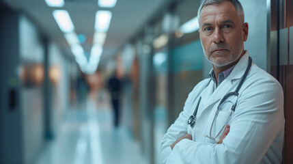 Fototapeta premium Senior male doctor in uniform with stethoscope standing in a hospital corridor for medical care