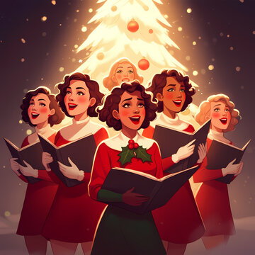 Christmas theme illustration xmas choir singers singing performing carols songs music celebration  