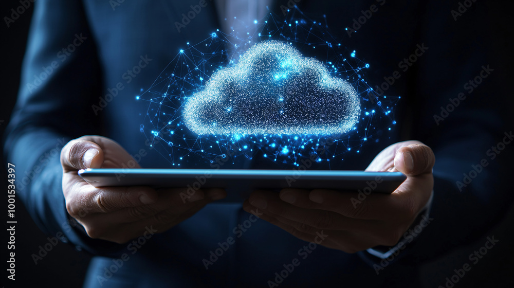 Poster Businessman holding a tablet is using cloud computing for big data online storage