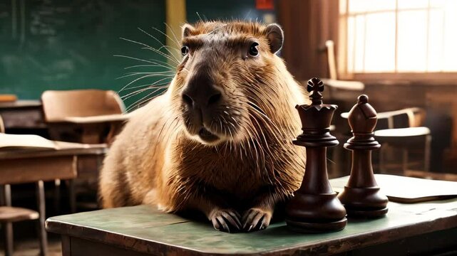A small brown capybara is sitting on a desk with a chess set in front of it