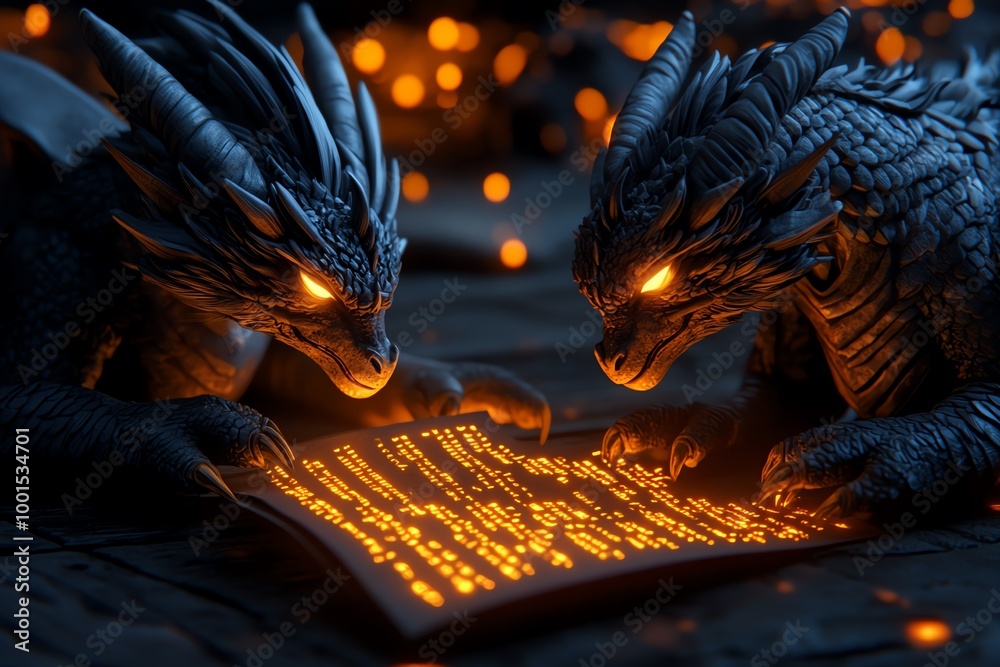 Aufkleber Mythical creatures coding, shown as dragons and griffins typing lines of glowing code on magical scrolls that float in the air
