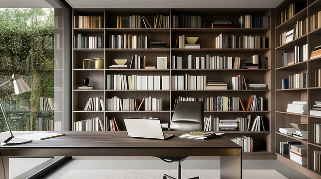 Modern office interior with wooden desk and bookshelves in a contemporary library setting