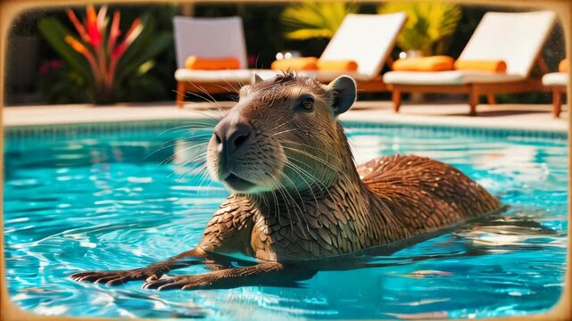 A small brown animal is swimming in a pool