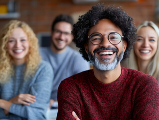Diverse group of smiling friends sitting together with focus on joyful man in red sweater and glasses