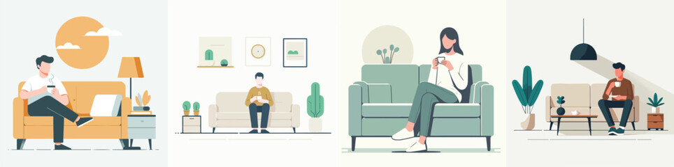 vector set of teenagers sitting on the sofa and drinking coffee in a simple and minimalist flat design style. plain white background