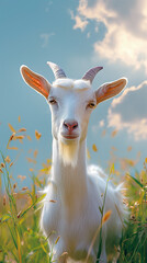 Obraz premium White goat with horns in a grassy field under a sky with clouds and ears poking through the grass