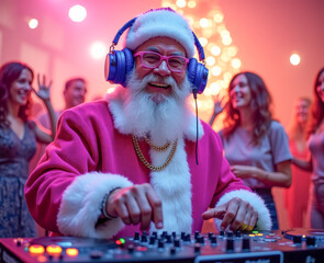 Happy Santa Claus with headphones DJ leads a disco in the club