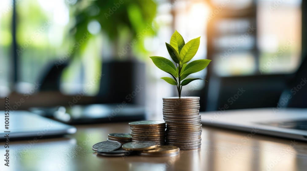 Wall mural a stack of coins with a growing plant on top, in a modern workspace, emphasizing financial planning