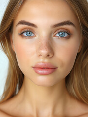 Fototapeta premium Portrait closeup of a woman with smooth skin, blue eyes, and freckles, showcasing natural beauty.