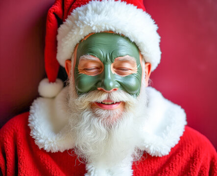 Happy Santa Claus with a cosmetic mask on his face in a beauty salon