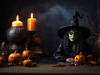 Fototapeta premium Halloween background, witch, copy space
