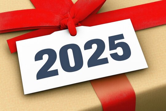 Gift box with 2025 tag: future holiday celebration concept