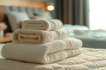 A cozy hotel bedroom with soft, plush, folded towels neatly stacked in a serene and relaxing environment