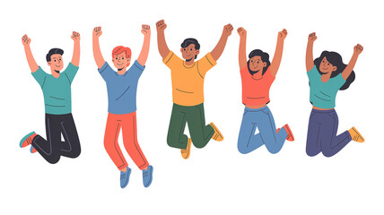Fototapeta premium group of five people jump for joy celebrating success