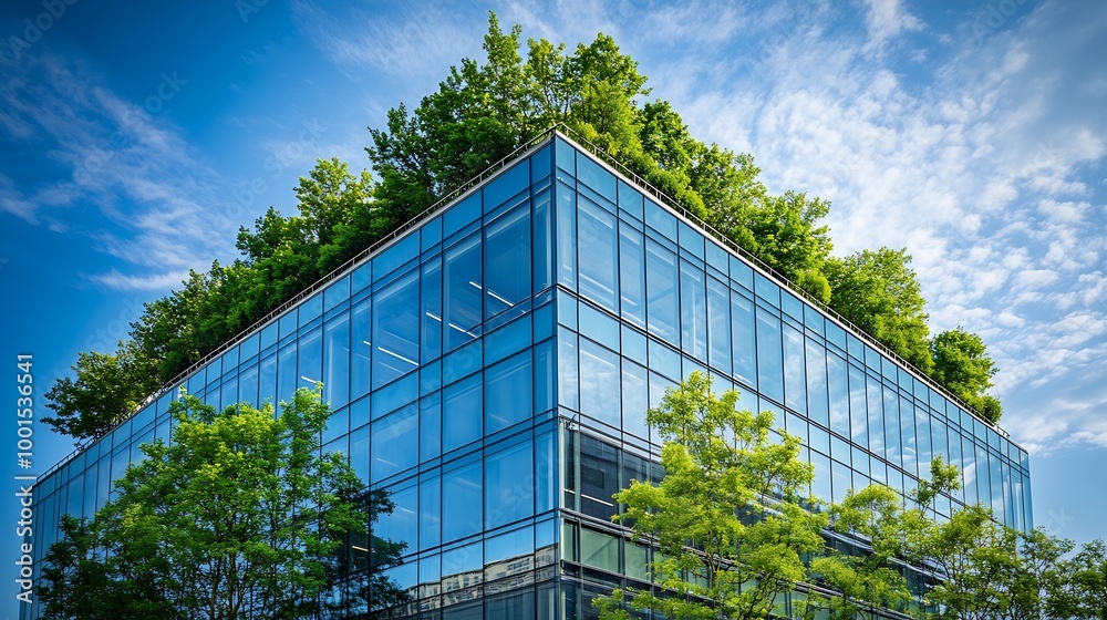 Aufkleber ecofriendly building in the modern city sustainable glass office building with trees for reducing he
