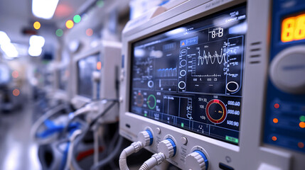Medical monitor displaying heartbeat in hospital ICU with advanced equipment and technology
