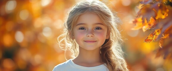 Fototapeta premium Little Girl Smiling in Autumn Foliage