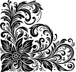 Elegant black and white floral ornament for corner design