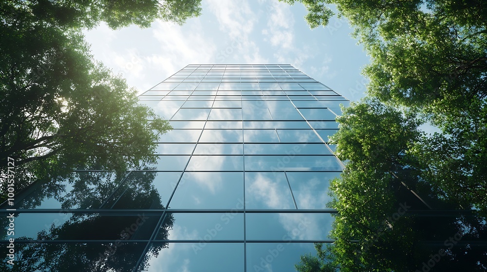 Aufkleber ecofriendly building in the modern city sustainable glass office building with trees for reducing he