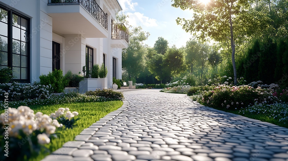 Poster White simple family house with cobblestone entry pathway : Generative AI