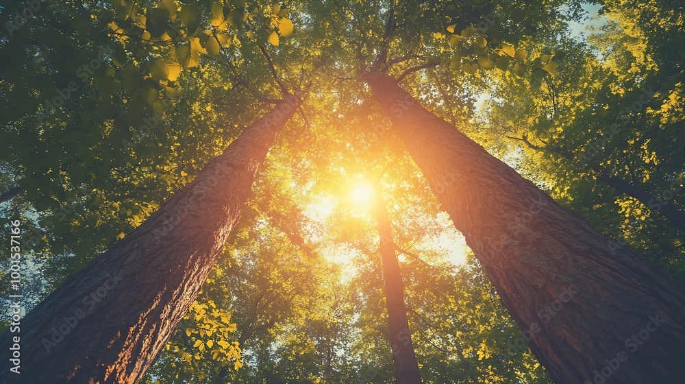 Poster Spring Sun Shining Through Canopy Of Tall Trees Woods Sunlight In Forest Summer Nature Upper Branches Of Trees Background Nobody Environment concept : Generative AI
