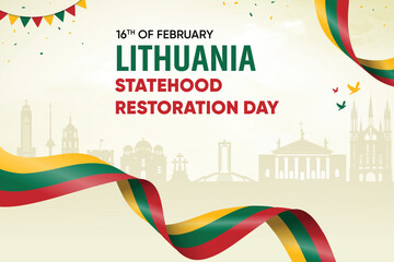 Lithuania Flag Waving On Skyline Background. Statehood Restoration Day Concept Design Vector Illustration.