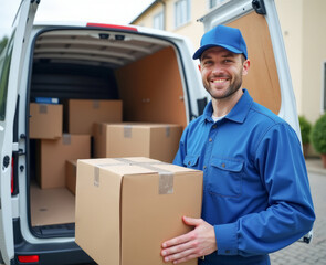 a courier in blue clothes holds a box in his hands near a white van, the concept of parcel delivery