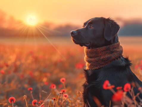 Dog at sunset in a field wearing a scarf surrounded by flowers during autumn sunrise
