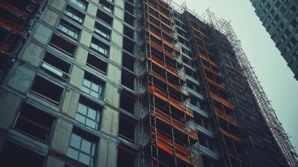 Obraz premium Under construction residential building with Cream color exterior view Highrise under construction building with modern design and black glass windows under construction skyscraper wit : Generative AI
