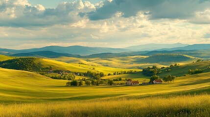 Obraz premium panorama of beautiful countryside of romania sunny afternoon wonderful springtime landscape in mountains grassy field and rolling hills rural scenery : Generative AI