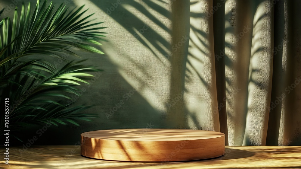Poster wooden cylindrical podium pedestal on a green background with beige curtain and a shadow of palm lea