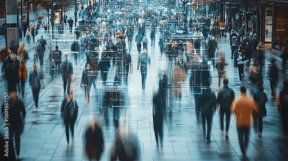 Poster elevated security camera surveillance footage of a crowd of people walking on busy urban city street