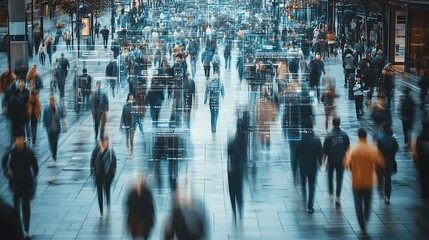 Elevated Security Camera Surveillance Footage of a Crowd of People Walking on Busy Urban City Streets CCTV AI Facial Recognition Big Data Analysis Interface Scanning Showing Personal I : Generative AI