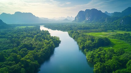 Beautiful natural scenery of river in southeast Asia tropical green forest  with mountains in background aerial view drone shot : Generative AI