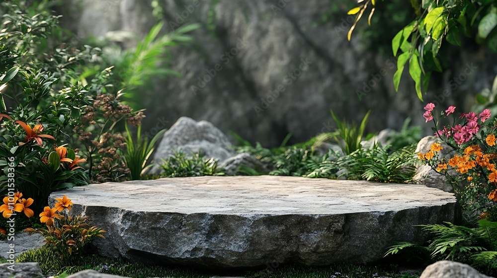 Poster Front view of the stone podium showcases products in a garden with flowers plants and branches Empty platform : Generative AI