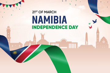 Namibia Flag Waving On Skyline Background. Independence Day Concept Design Vector Illustration.