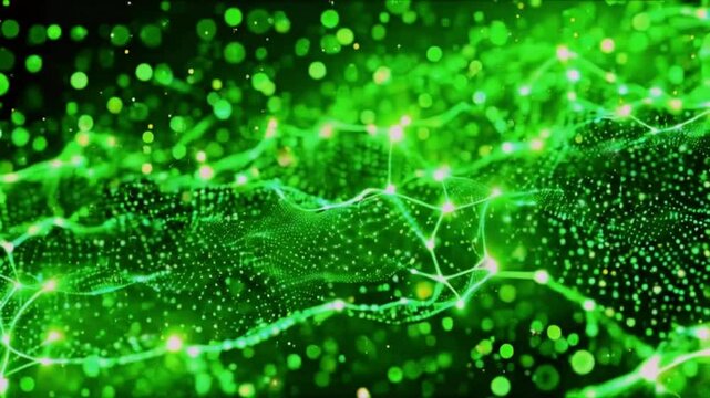 Green molecular dots flicker and dance random harmonious pattern. quantum particle motion, connect, complex, dynamic mesh green dots molecules, atomic structure 4k Video technology Background Video