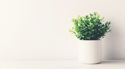 Fototapeta premium A vibrant green plant in a minimalistic white pot with a clean, neutral backdrop, illustrating freshness and simplicity