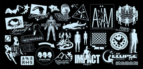 Brutalism graphic elements. Retro-futuristic 3D grunge shapes for design, geometric universal shape for merch, fake logo with silhouette of people. Vector set