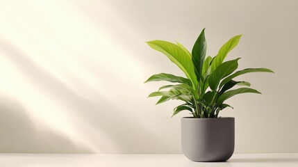 A vibrant green plant in a simple grey flowerpot against a clean, bright background, illustrating modern aesthetics