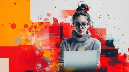 Using SEO tools for brand promotion and popularity in Internet Young people working on laptop Contemporary art collage Concept of digital marketing online services business copywriting : Generative AI