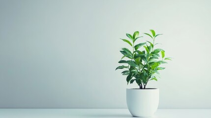 A vibrant green plant in a white flowerpot against a clean, minimalist background, highlighting freshness and simplicity