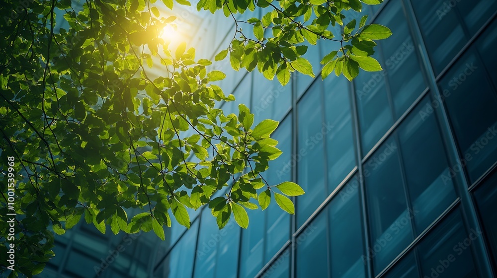Poster Ecofriendly building in the modern city Green tree branches with leaves and sustainable glass building for reducing heat and carbon dioxide Office building with green environment Go gr : Generative AI